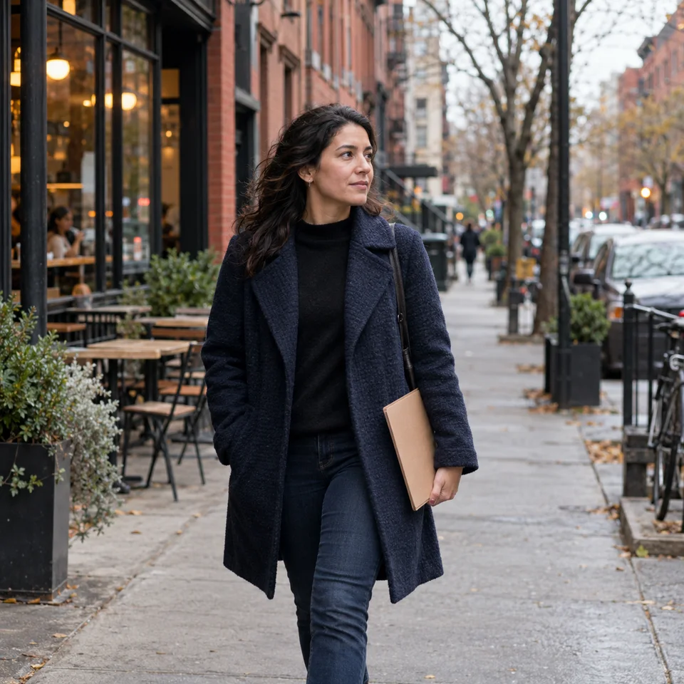A woman carrying a folder walks along a city street.
